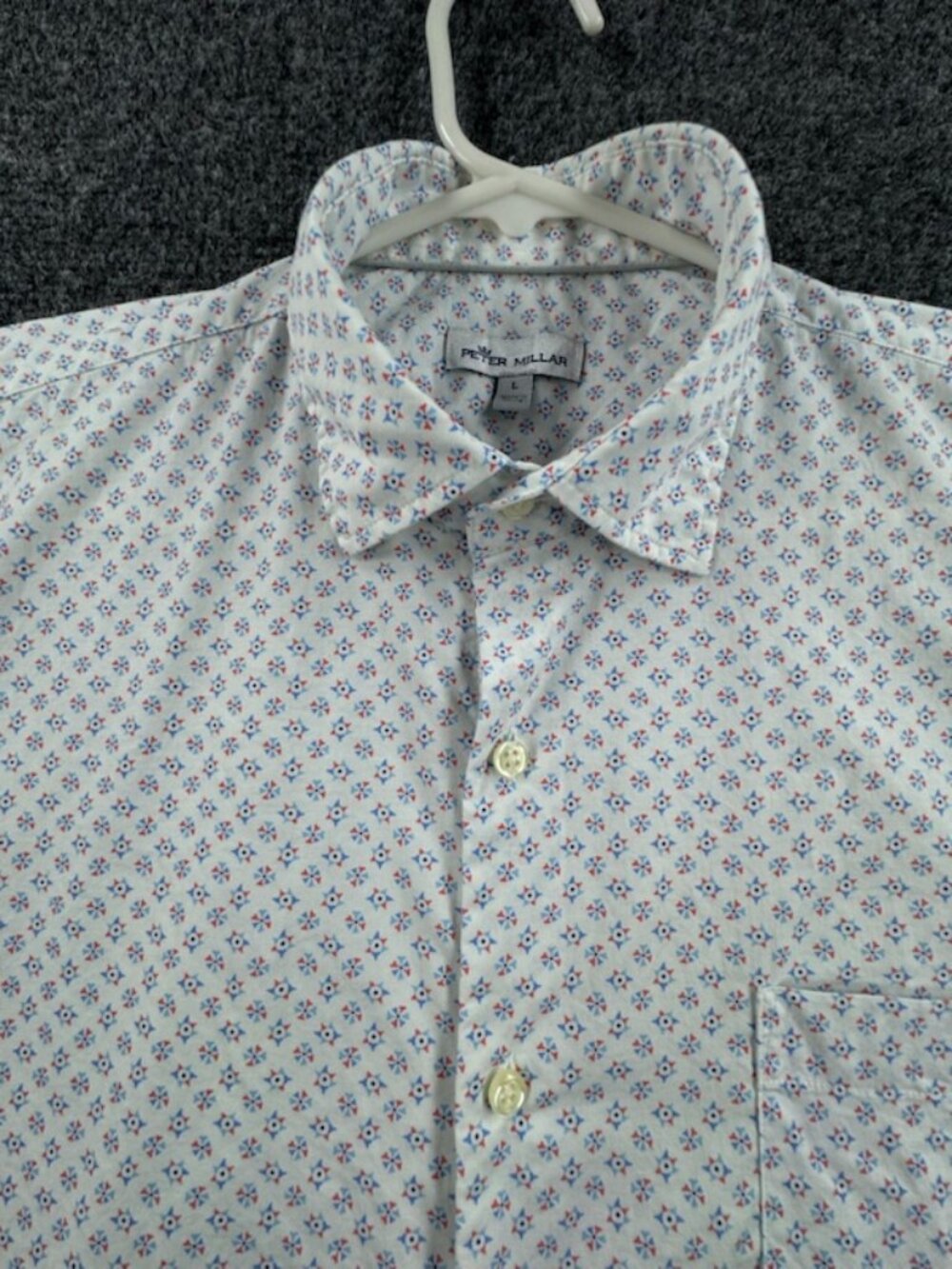 Peter Millar Mens Large Geometric Short Sleeve White Blue Pocket Shirt Button Up